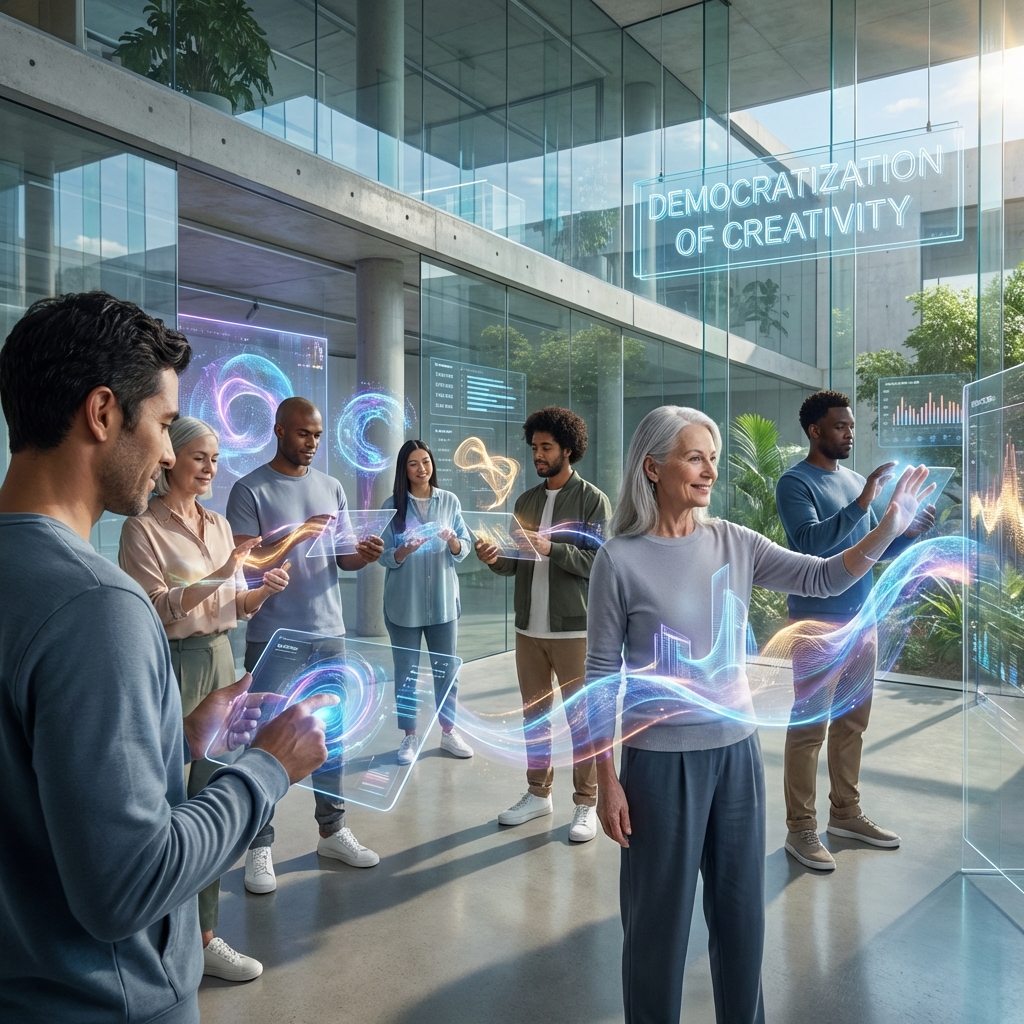 A diverse group of creators using AI tools