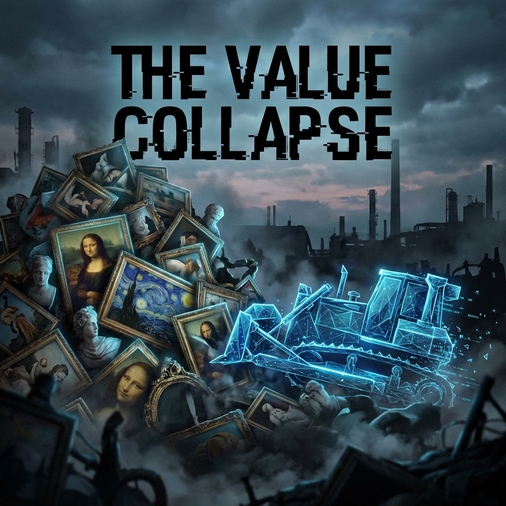 Surreal Illustration: The Value Collapse - Masterpieces bulldozed by digital noise